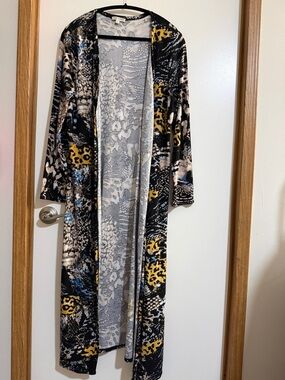 Long Open-Front Printed Duster Cardigan - Black Multi